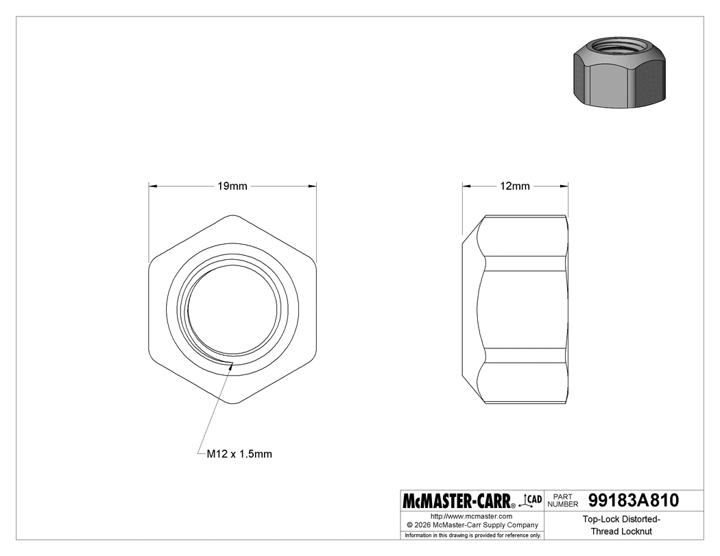 Technical Drawing of Top-Lock Distorted-Thread Locknut, Zinc Yellow-Chromate Plated Steel, M12 x 1.5 mm Thread.